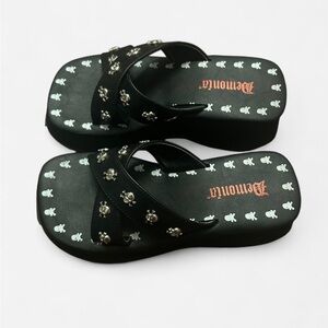 Demonia Black Studded Skull Platform Flip Flops